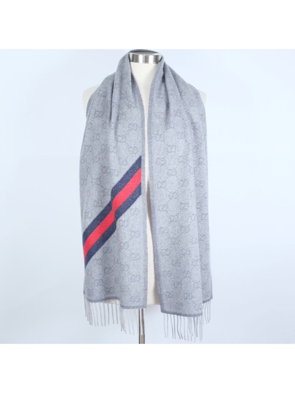GUCCI scarf gray GG logo wool alpaca web stripe 14" x 66"